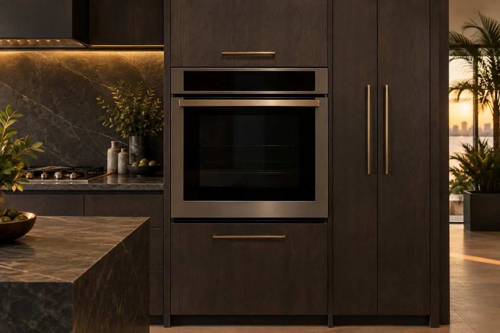 A 30-inch single wall oven standing in a run of dark fitted cabinetry in a kitchen, in warm low light.