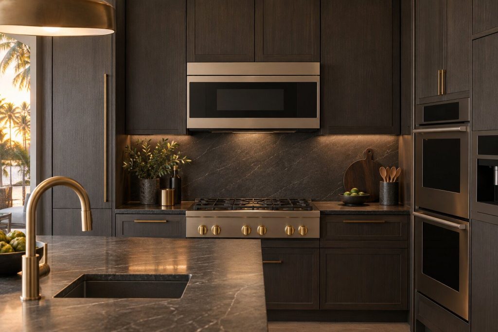 A 30-inch over-range convection microwave and hood standing in a run of dark fitted cabinetry in a kitchen, in warm low light.
