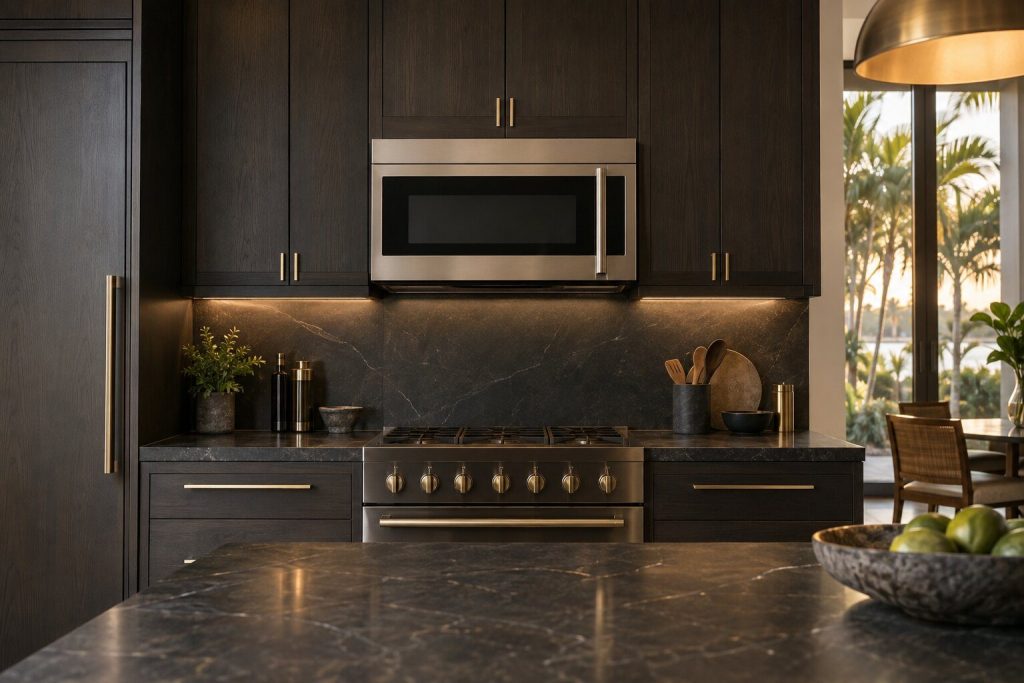 A 30-inch over-range convection microwave and hood standing in a run of dark fitted cabinetry in a kitchen, in warm low light.