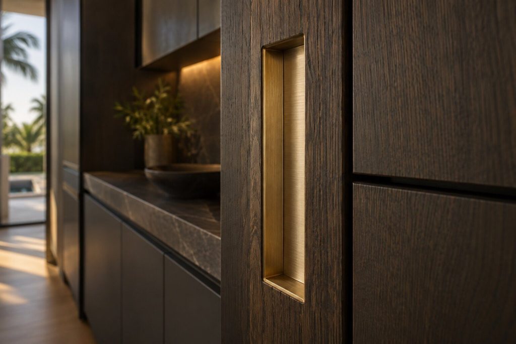 A recessed brass handle on a dark oak appliance front photographed close, the shadow gap running away out of focus.