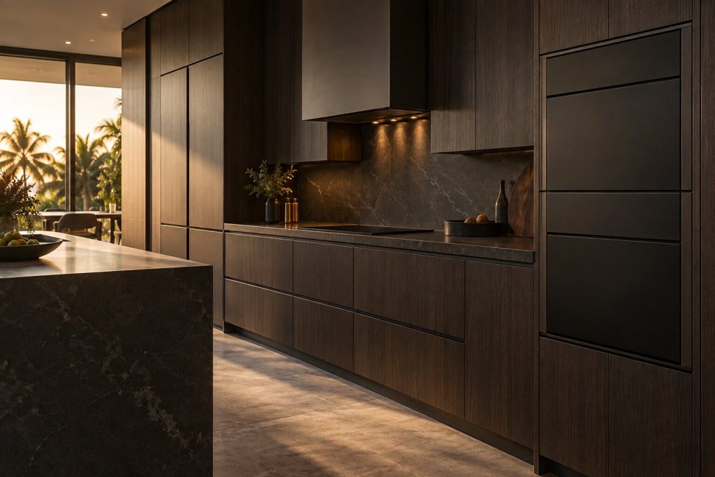 A run of dark fitted cabinetry seen along its length with three appliance fronts flush in it, the shadow gaps the only sign of them.