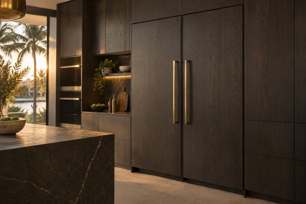 A tall pair of panel-ready columns side by side in a dark run, both doors closed, a brass handle catching the light.