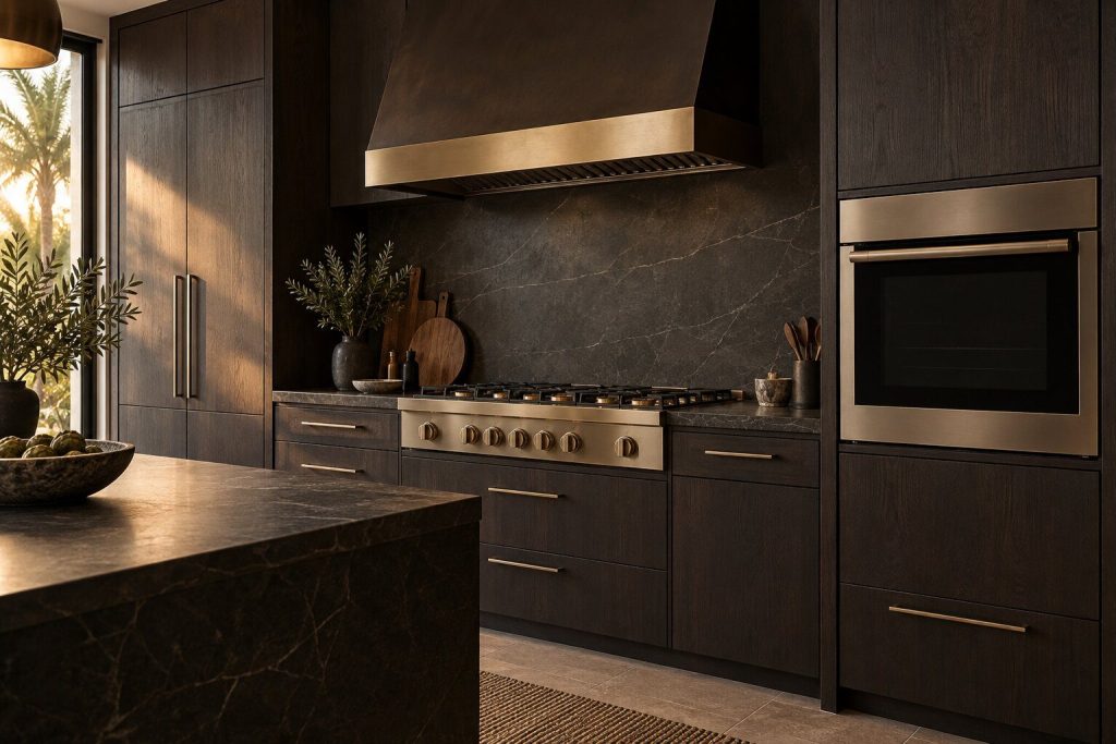 A cooking wall in a dark kitchen: a rangetop under a canopy hood with a wall oven beside it, nothing switched on.