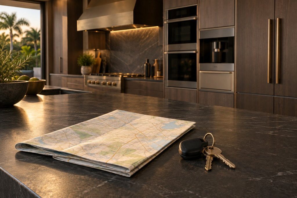 A folded street map and a set of van keys on a dark surface, evening light across them.
