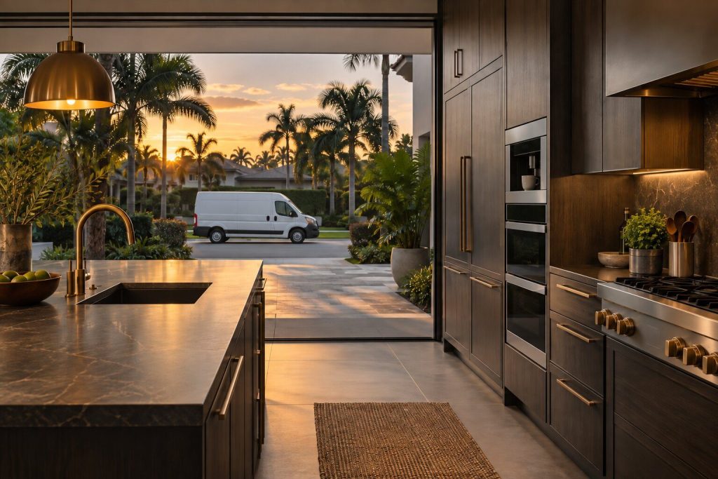 A South Florida residential street at evening seen from a driveway, palms against a warm sky, a plain white service van parked at the kerb.