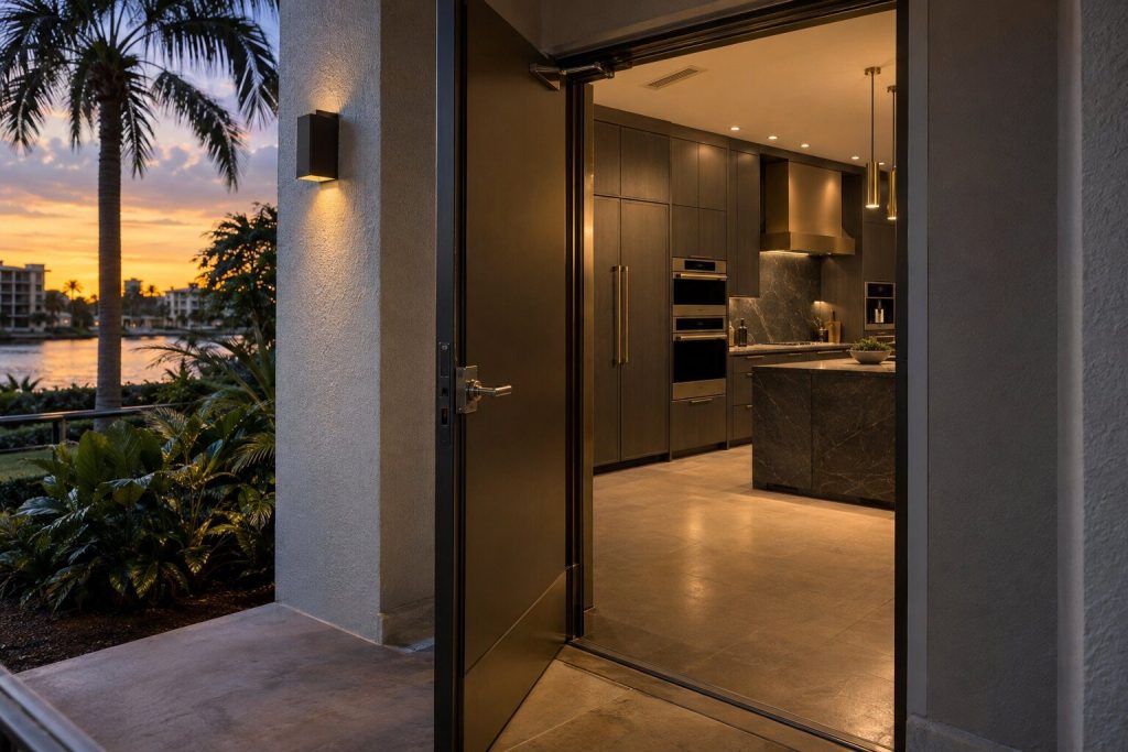 A low-rise condominium entrance at dusk in South Florida, a service door propped open, warm light inside.