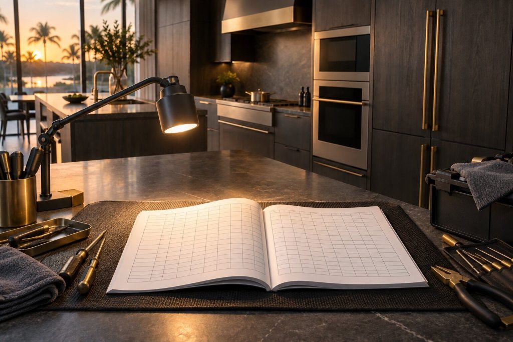 A service manual lying open on a bench mat under a work light, its pages a grid of rows too small to read.