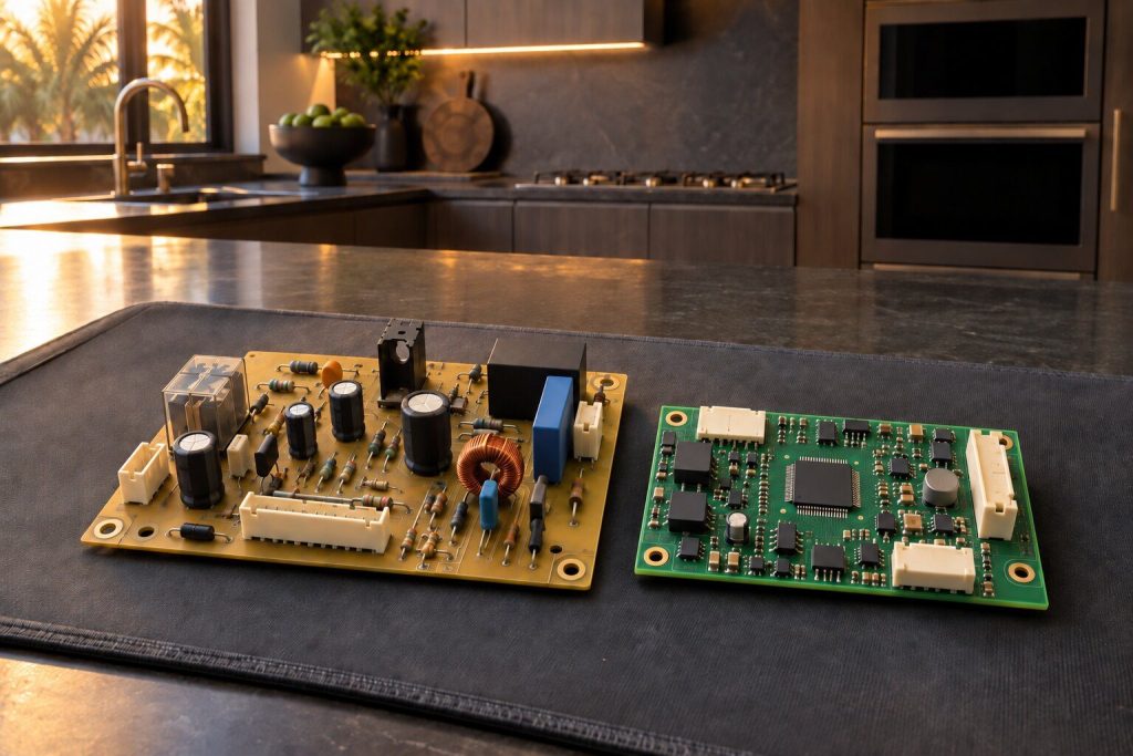 Two control boards of different ages lying side by side on a bench mat, their layouts plainly unalike.