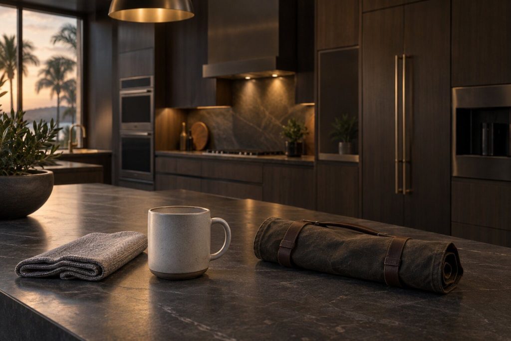 A mug and a folded cloth on a dark worktop beside a closed tool roll, the kitchen dim behind.