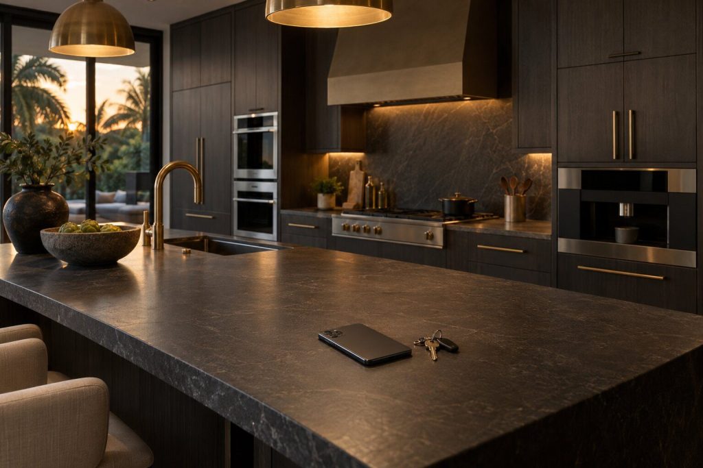 A dark kitchen island seen from standing height with a phone face down on the stone and a set of keys beside it.