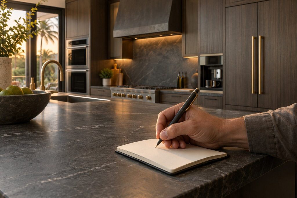 A hand writing an appointment into a pocket notebook resting on a dark stone counter.