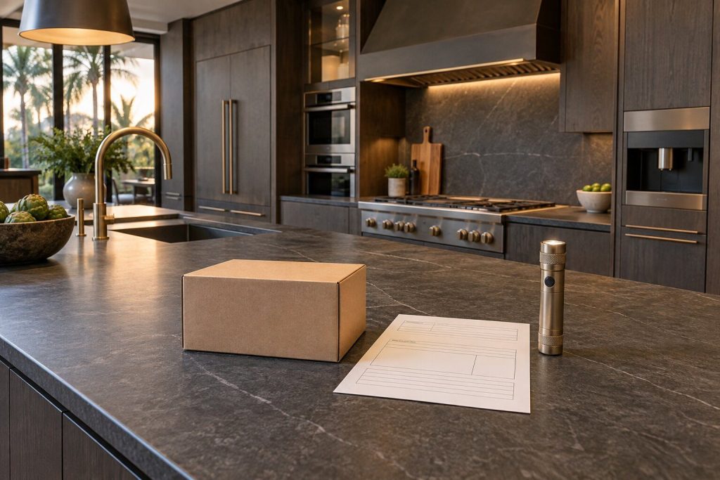 A parts box and a printed invoice side by side on a dark counter, a torch standing on end beside them.