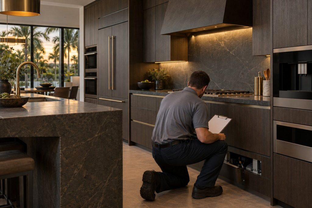 A technician kneeling at an open cabinet base with a clipboard resting on his knee, the appliance still in its opening.
