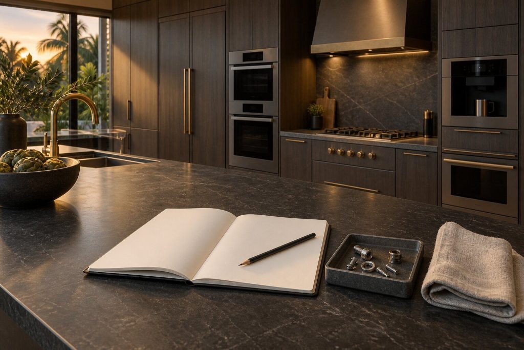 An open notebook and a pencil on a dark stone counter beside a folded cloth and a small parts tray, evening light from one side.