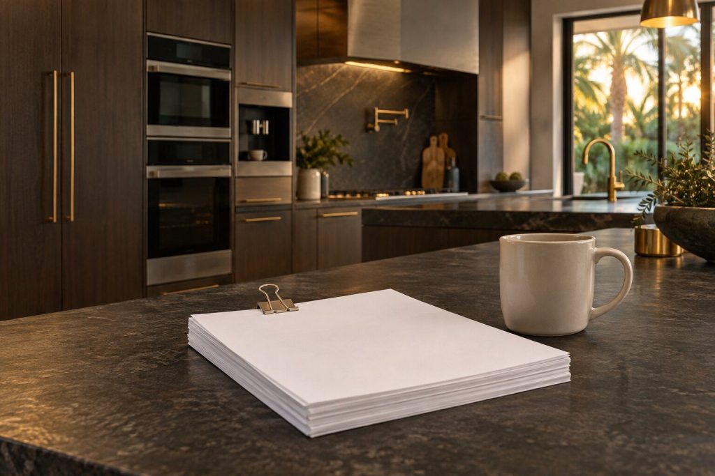 A stack of printed pages held together with a clip on a dark worktop, a mug beside them, kitchen out of focus behind.