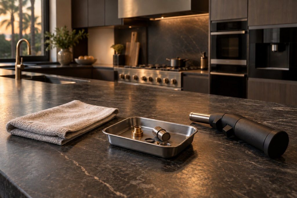 A dark stone counter photographed close with a folded cloth, a small parts tray and a torch laid on it, cabinetry out of focus behind.