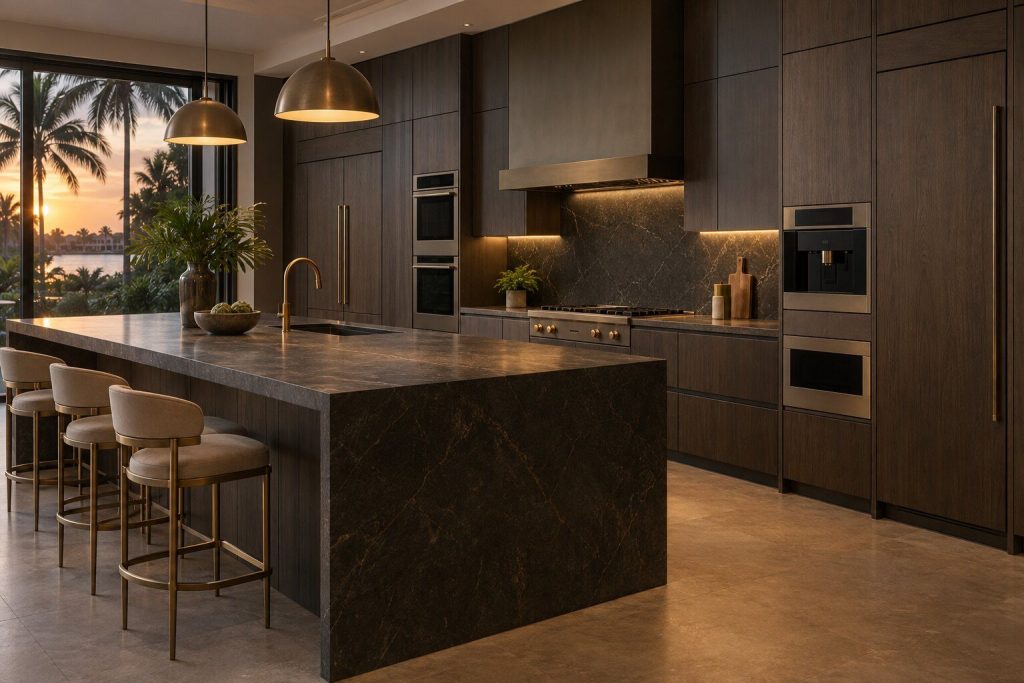 A South Florida kitchen seen wide and empty in the evening: dark stained oak cabinetry, honed dark stone counters, a panel-ready column flush in its run, one warm pool of light above the island.