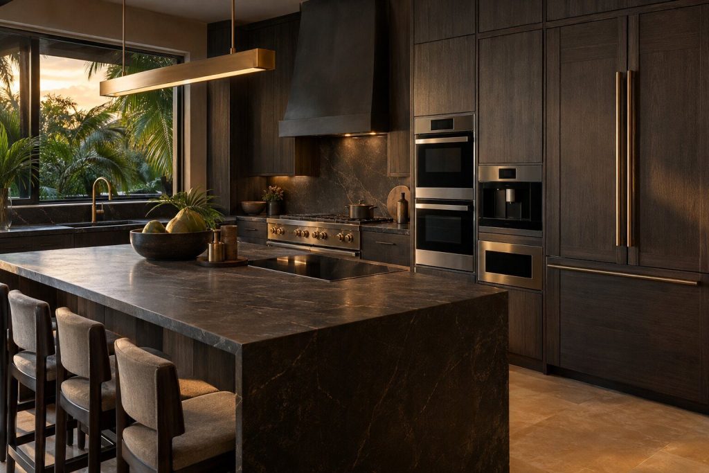 Warm humid evening light falling across a dark paneled kitchen, the air visibly heavy, a window open to palms outside.