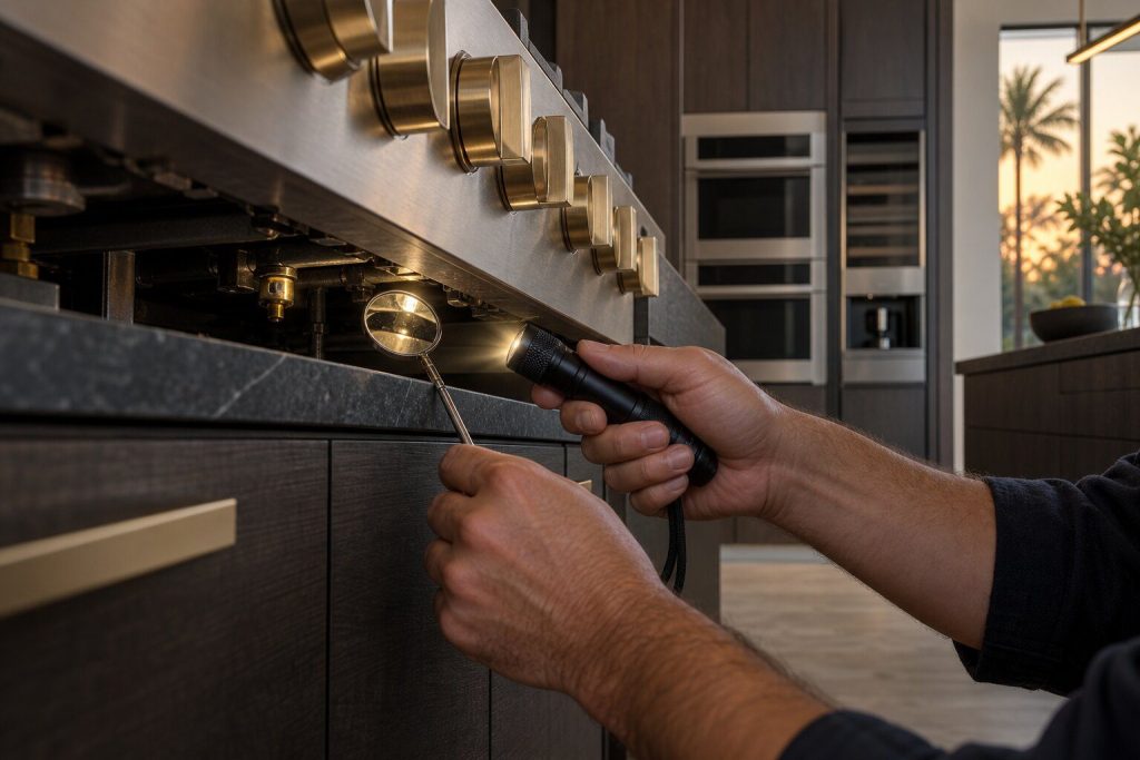 A torch and a small mirror held under the front lip of a rangetop, the underside dark above them.