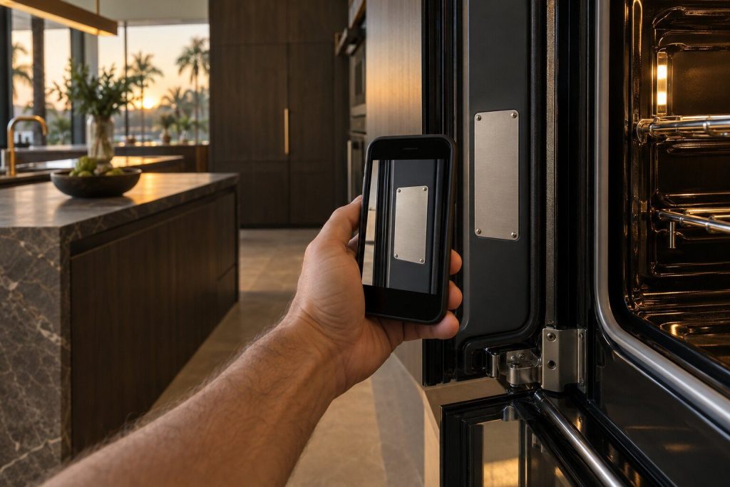 A phone held up photographing a rating plate inside an open appliance door, the screen showing the same plate.