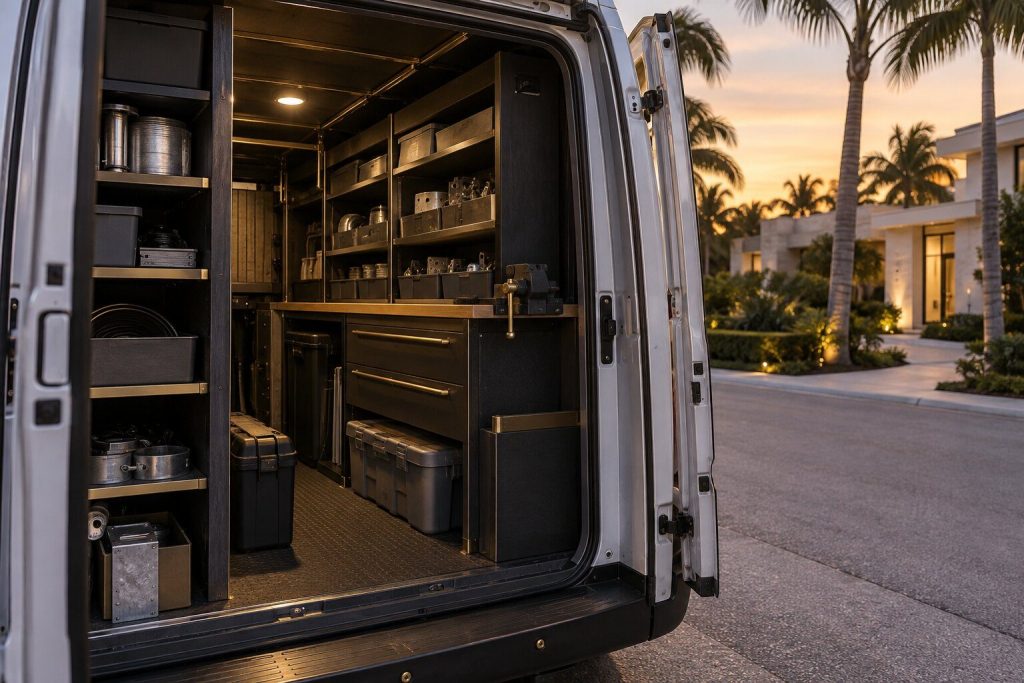 A van door standing open at dusk with shelved parts inside, a residential street beyond it.