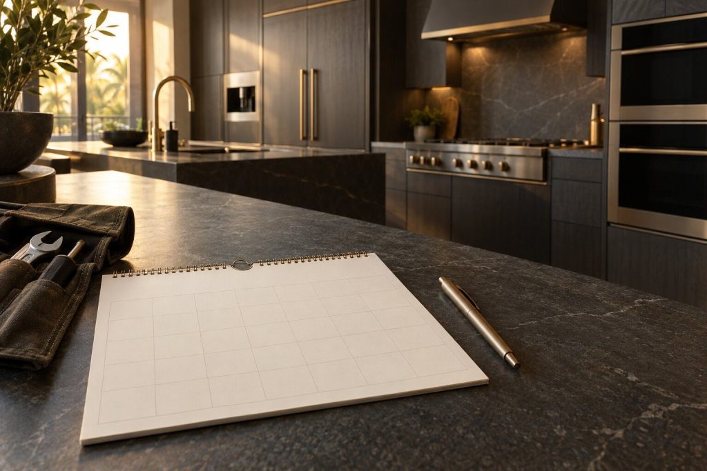 A wall calendar page and a pen on a dark worktop with a tool roll at the edge of frame, warm light from the left.