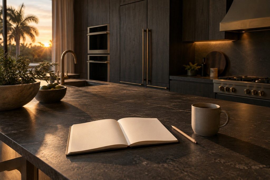 An open notebook and a pencil beside a mug on a dark stone counter, evening light raking from one side.