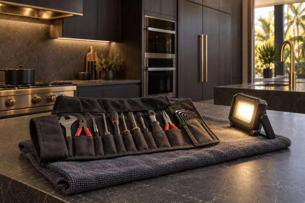 A technician's open tool roll and a work light laid on a folded cloth on a dark stone counter, a panel-ready appliance front out of focus behind.