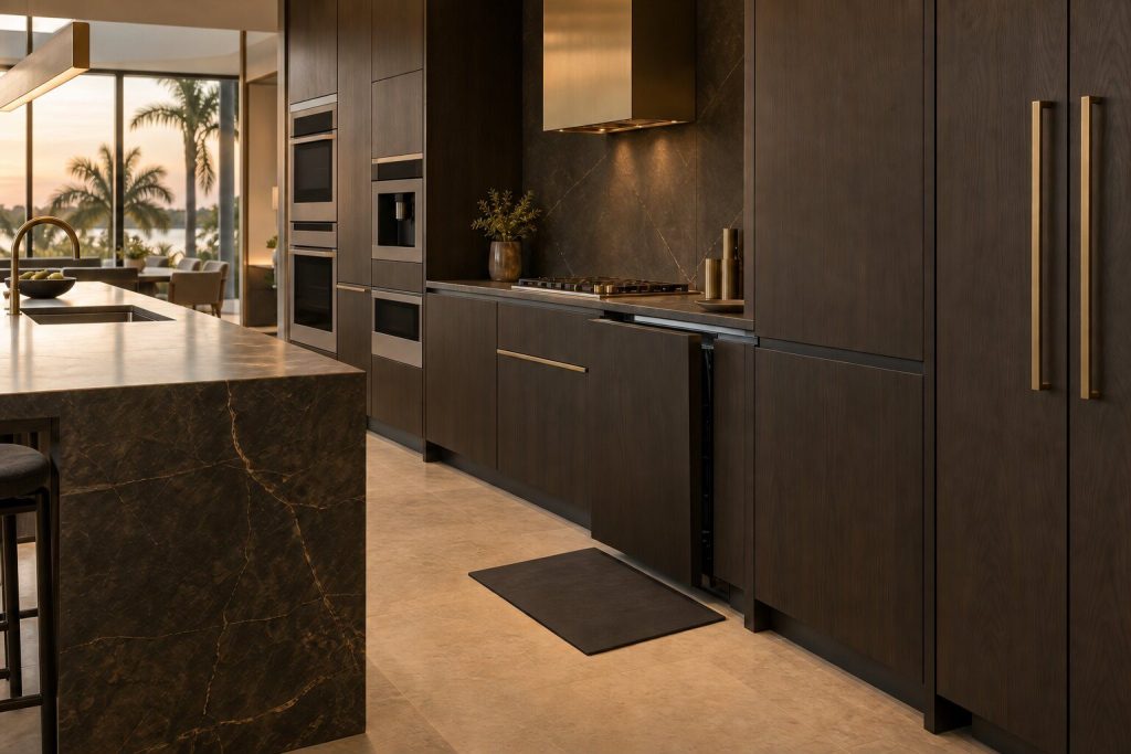 A run of dark fitted cabinetry with one appliance front eased a hand-width proud of the line, a protective mat on the floor in front of it.