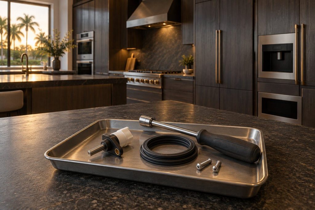 A parts tray on a dark worktop holding a sensor, a gasket coil and two screws, a nut driver lying across it.