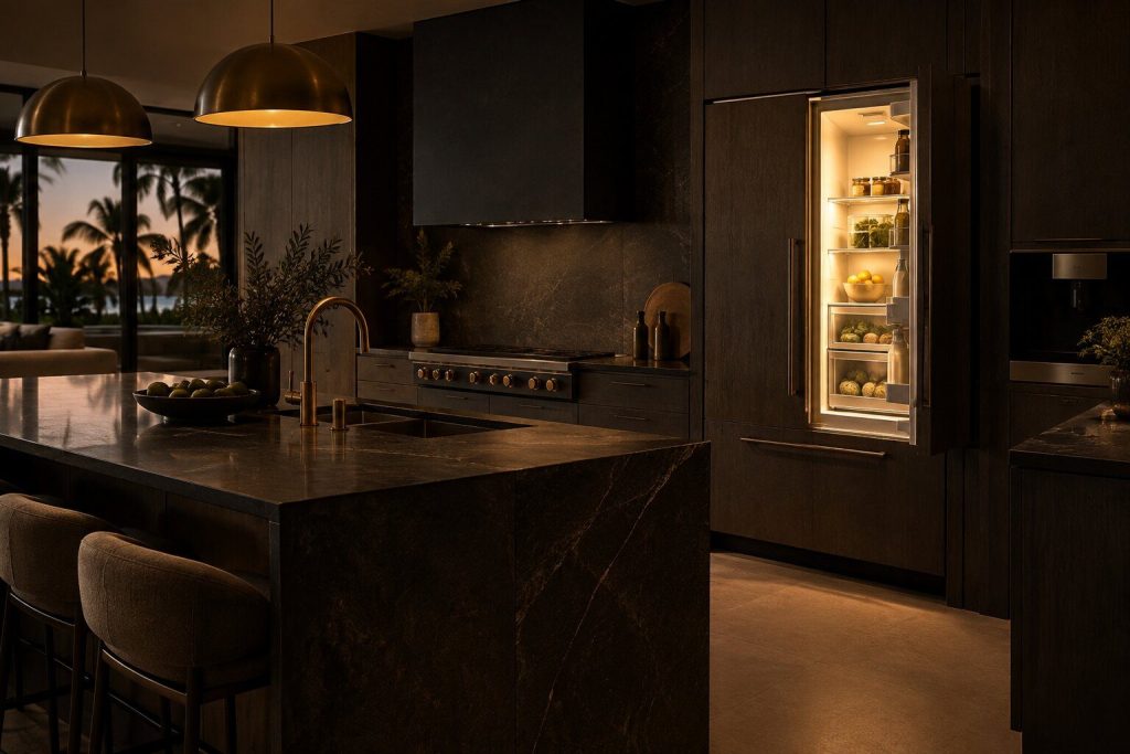A dark kitchen at evening with one appliance door standing open and its interior light the only bright thing in frame.