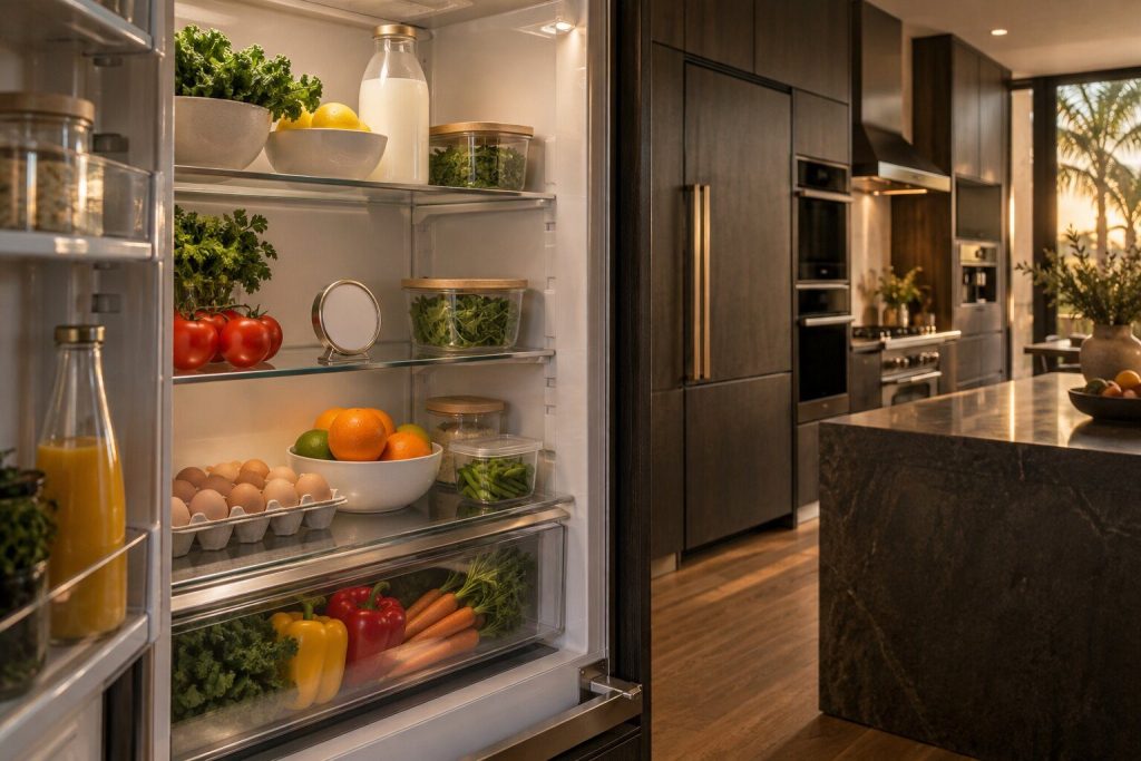 A thermometer standing on a shelf inside an open refrigeration column, ordinary food around it.