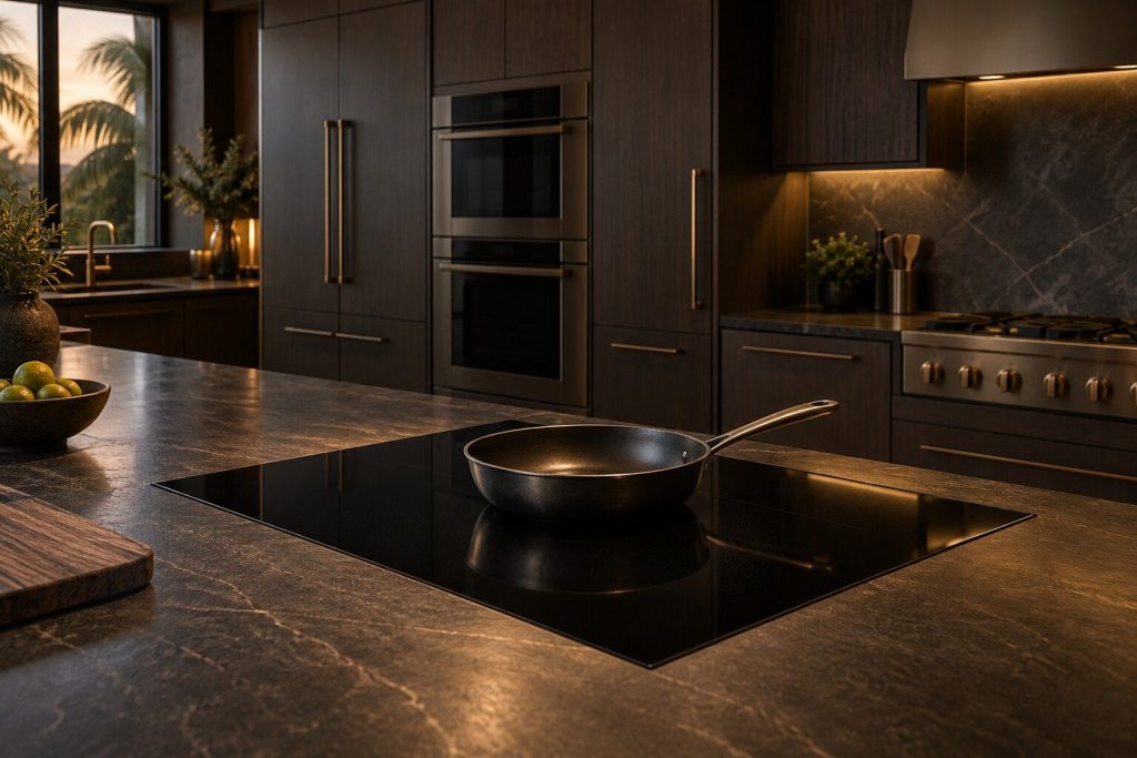 A pan standing on an unlit induction zone in a dark kitchen, the surface black and the room quiet.