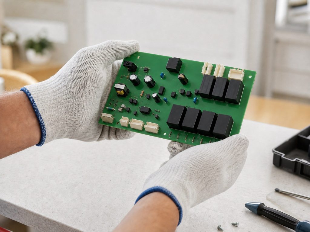 An appliance control board held in two gloved hands over a workbench, its plain green surface and relays visible, no markings legible.