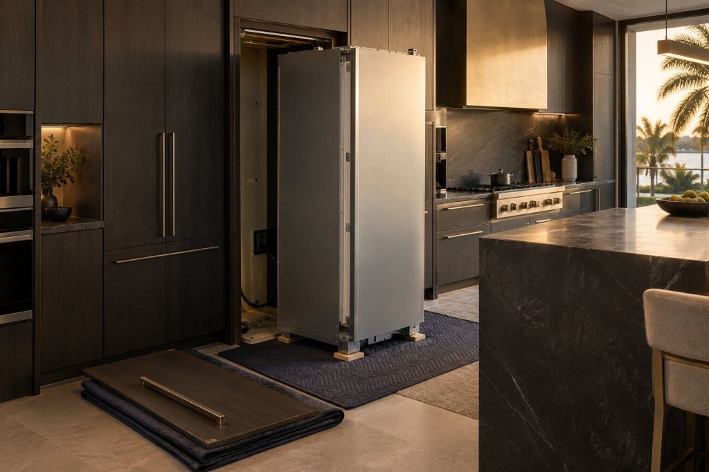 A tall panel-ready refrigeration column eased forward out of its joinery onto a protective mat, its cabinet front and handle laid on a folded blanket beside it, shims visible at the base.