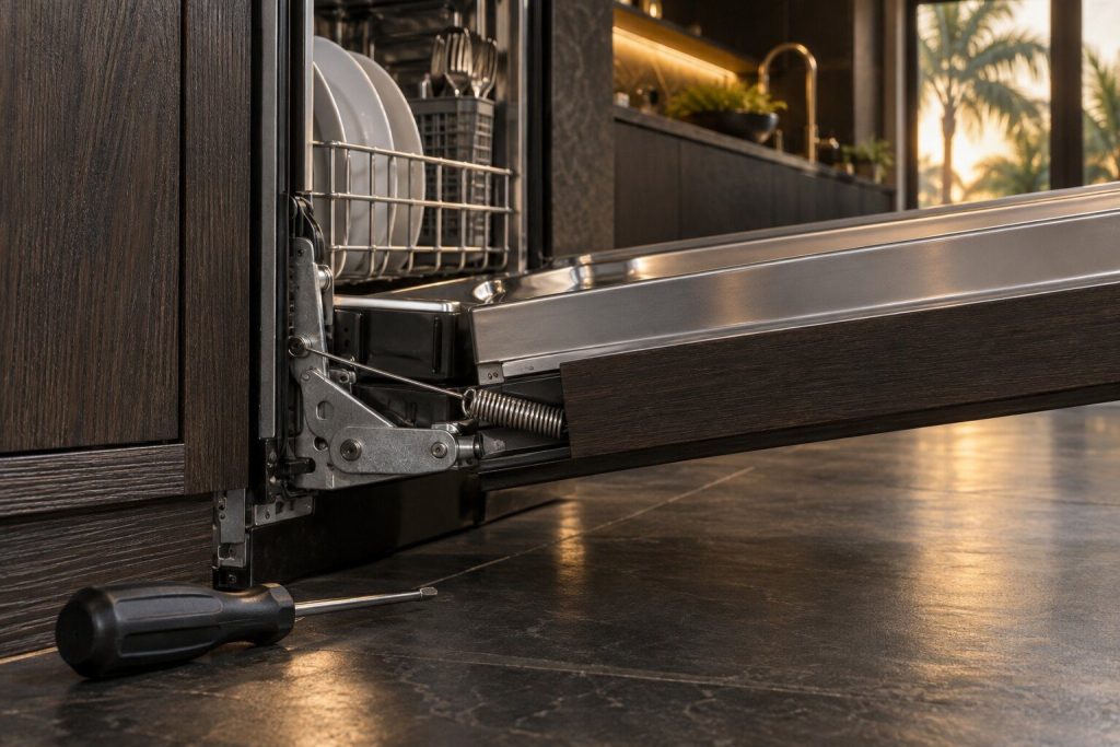 The hinge and spring cable at the bottom corner of an open dishwasher door with its cabinet panel still fitted, a screwdriver resting on the frame.
