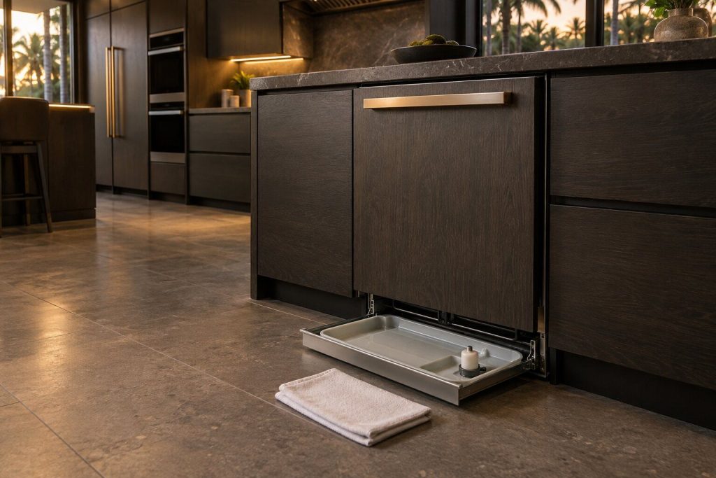 A shallow base tray drawn out from under a panel-ready dishwasher with a float visible in it, a folded cloth laid on the floor in front.
