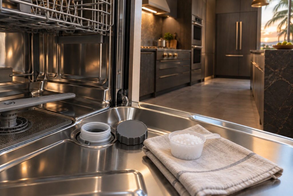 The softener chamber in the base of an open dishwasher with its cap unscrewed and a measure of dishwasher salt beside it on a cloth.
