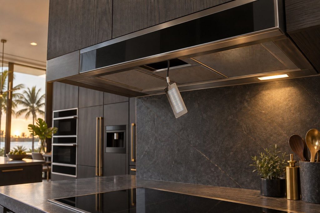 An LED lamp module unclipped from the underside of a hood canopy and hanging on its lead, the glass touch panel dark beside it.