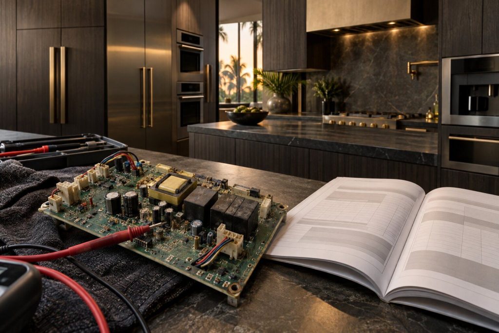 An older appliance control board lifted out onto a bench beside a printed service manual open at a code table, a meter probe resting on the board.