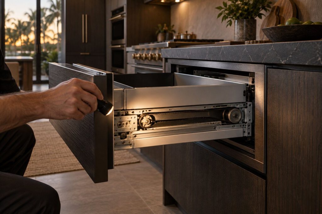 A microwave drawer pulled out past its normal travel to expose the rail and drive belt along one side, a torch lighting the runner.