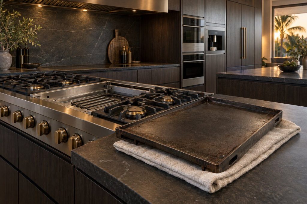 An integrated griddle plate lifted out of a 48-inch range and resting on a folded cloth, the empty recess and its element visible behind.