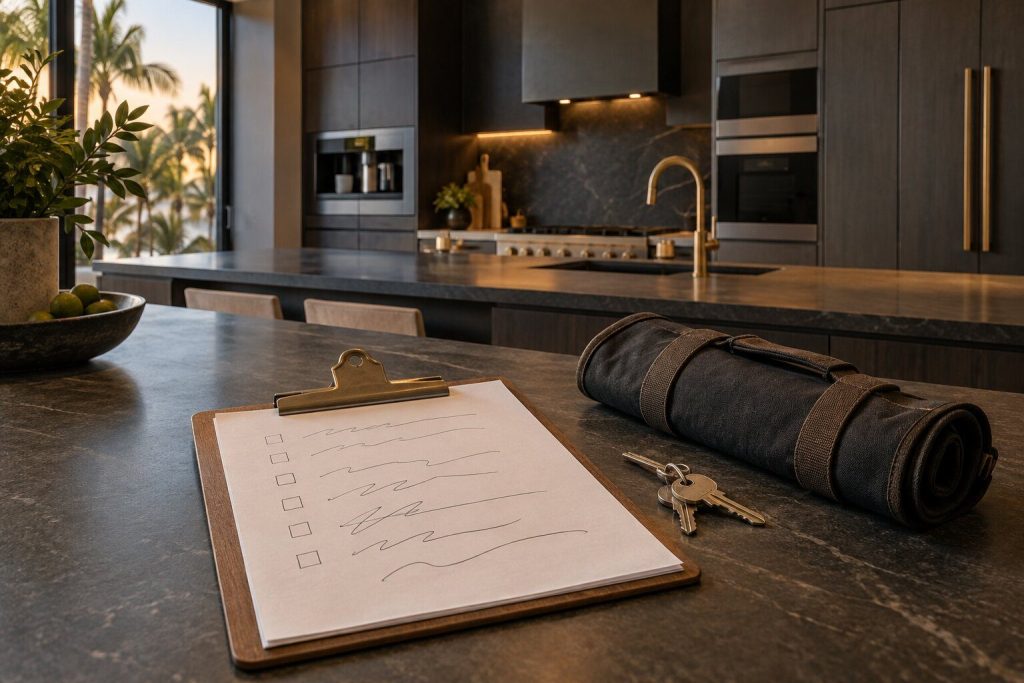 A clipboard with a handwritten appliance checklist lying on a dark stone worktop, a set of keys and a tool roll beside it, a fitted kitchen out of focus behind.