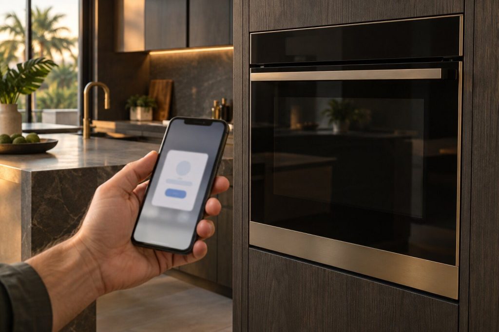 A phone held in one hand in front of a built-in oven, the screen showing a connection dialog too small to read, the oven panel dark.