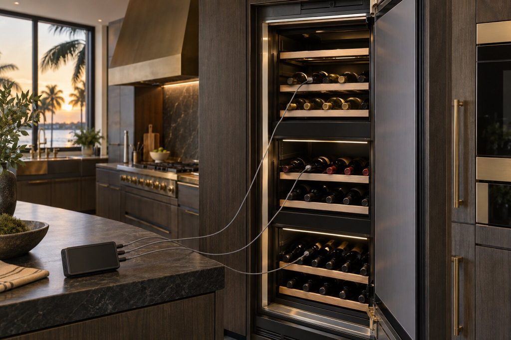 Three slim probe leads run into the three zones of an open wine column, a data logger resting on the worktop beside it.