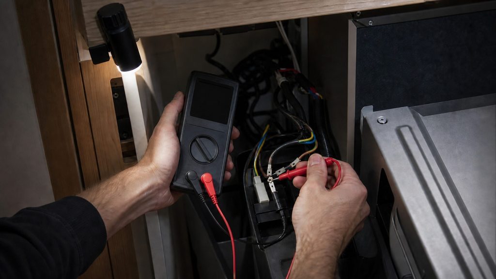 A technician kneeling behind a built-in appliance with a multimeter in one hand and its probes on a terminal, a work lamp clipped above