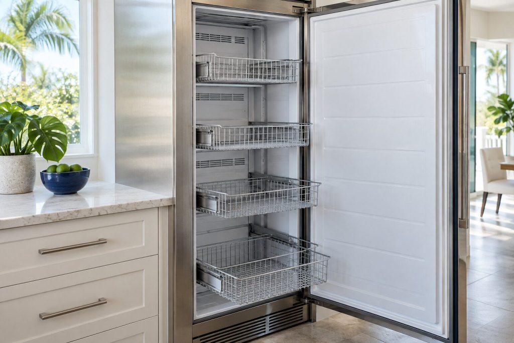 The inside of a tall all-freezer column with its door open and its wire baskets drawn out, the rear panel visible behind them, no frost