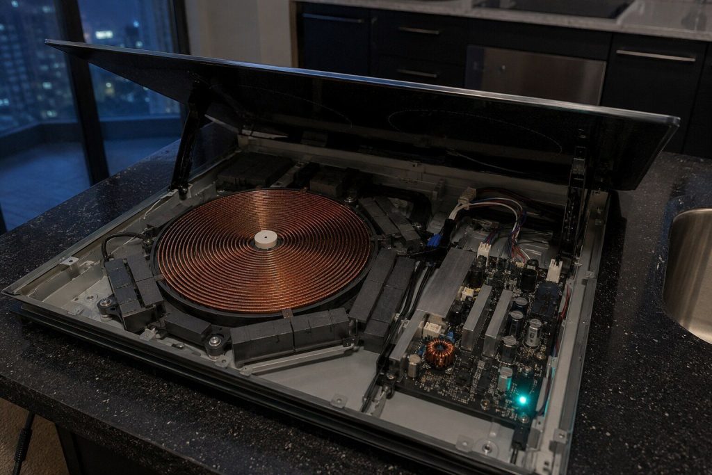 The flat spiral of an induction coil under the lifted glass top of a cooktop, its ferrite bars and the board beside it, the glass propped clear.