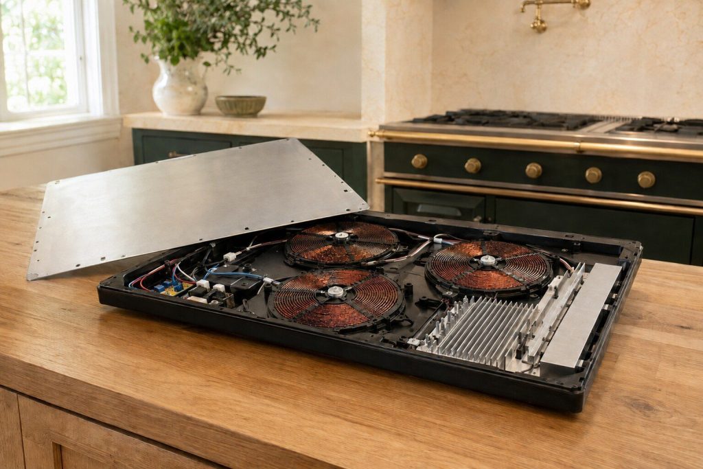The underside of an induction cooking panel face down on a bench, its wound copper coils exposed
