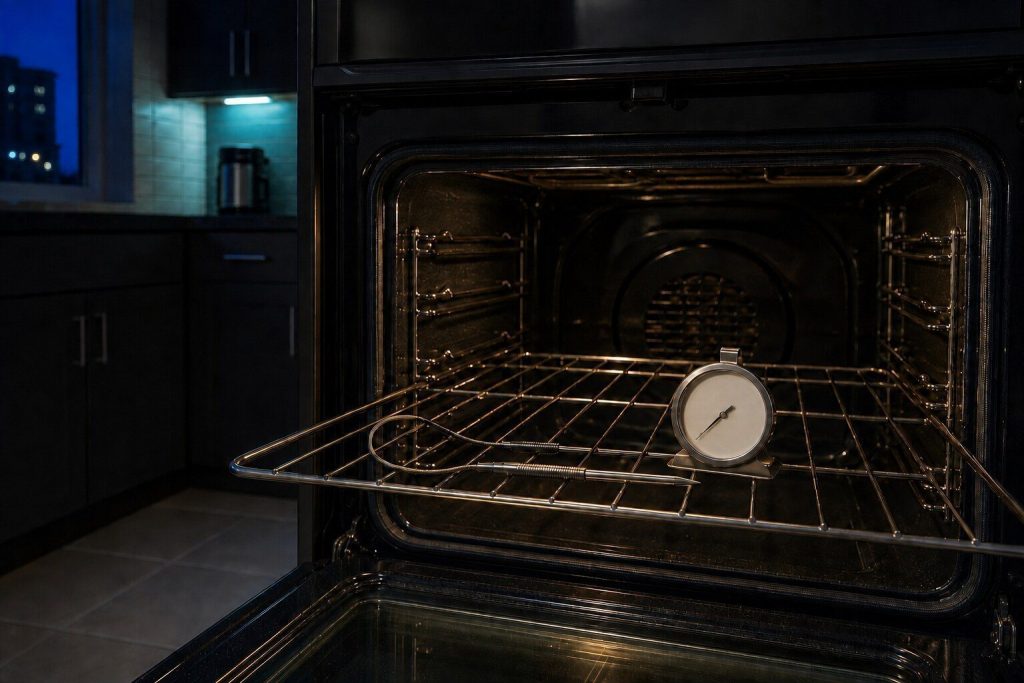 A slim oven temperature probe unclipped from the cavity wall and laid alongside a dial oven thermometer on the middle rack, the door open.